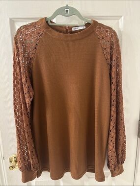 Vero Moda Rust Brown Lace Raglan Long Sleeve Tee